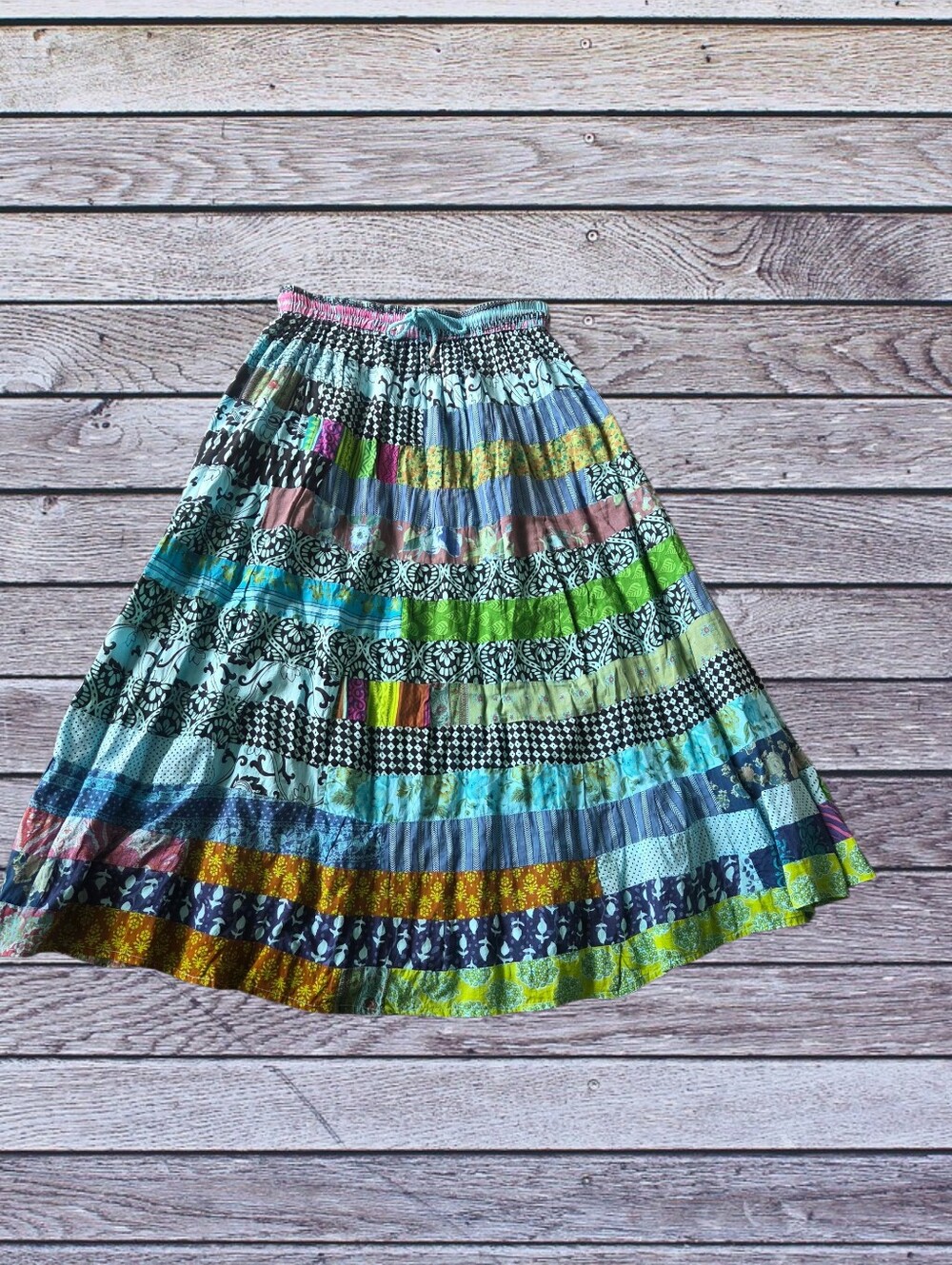 Multicolor Boho Patchwork Tiered Full Midi Skirt